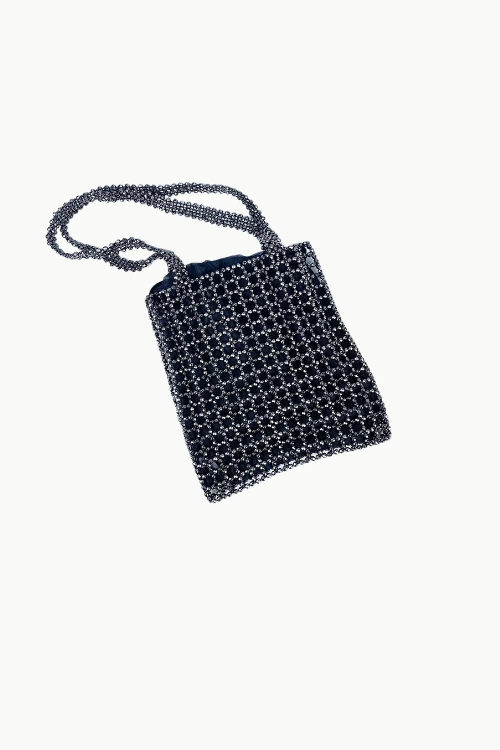 Dark blue beaded handbag with two straps, stylish black beaded tote bag accessory