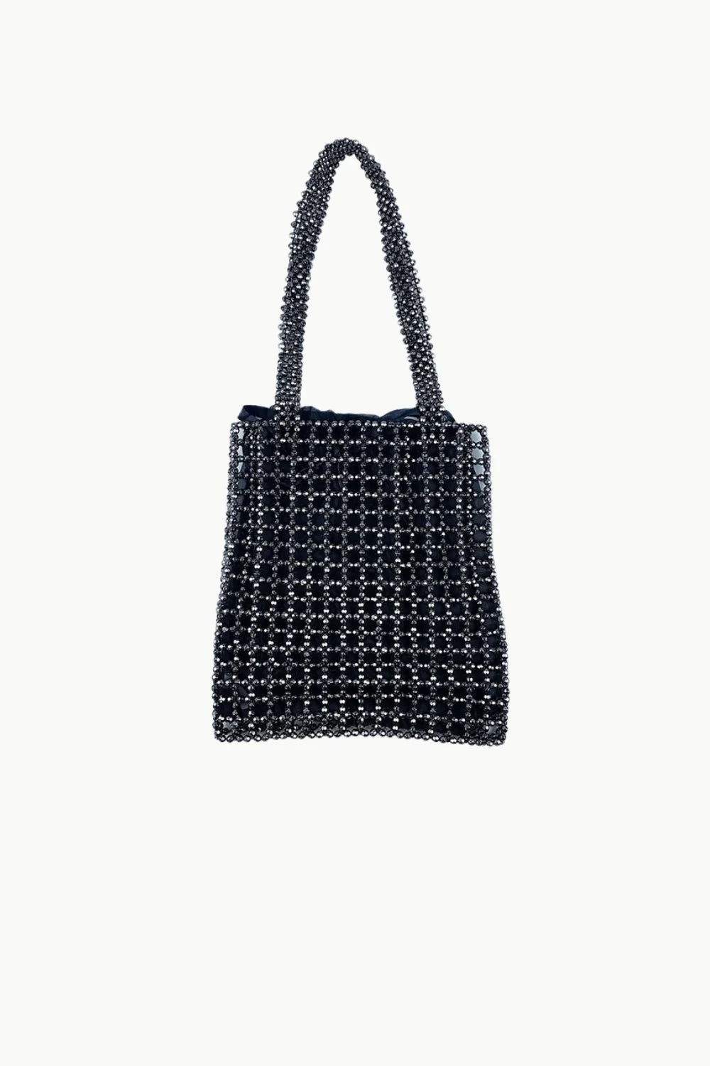 Black beaded shoulder bag with grid pattern, stylish black beaded tote for women