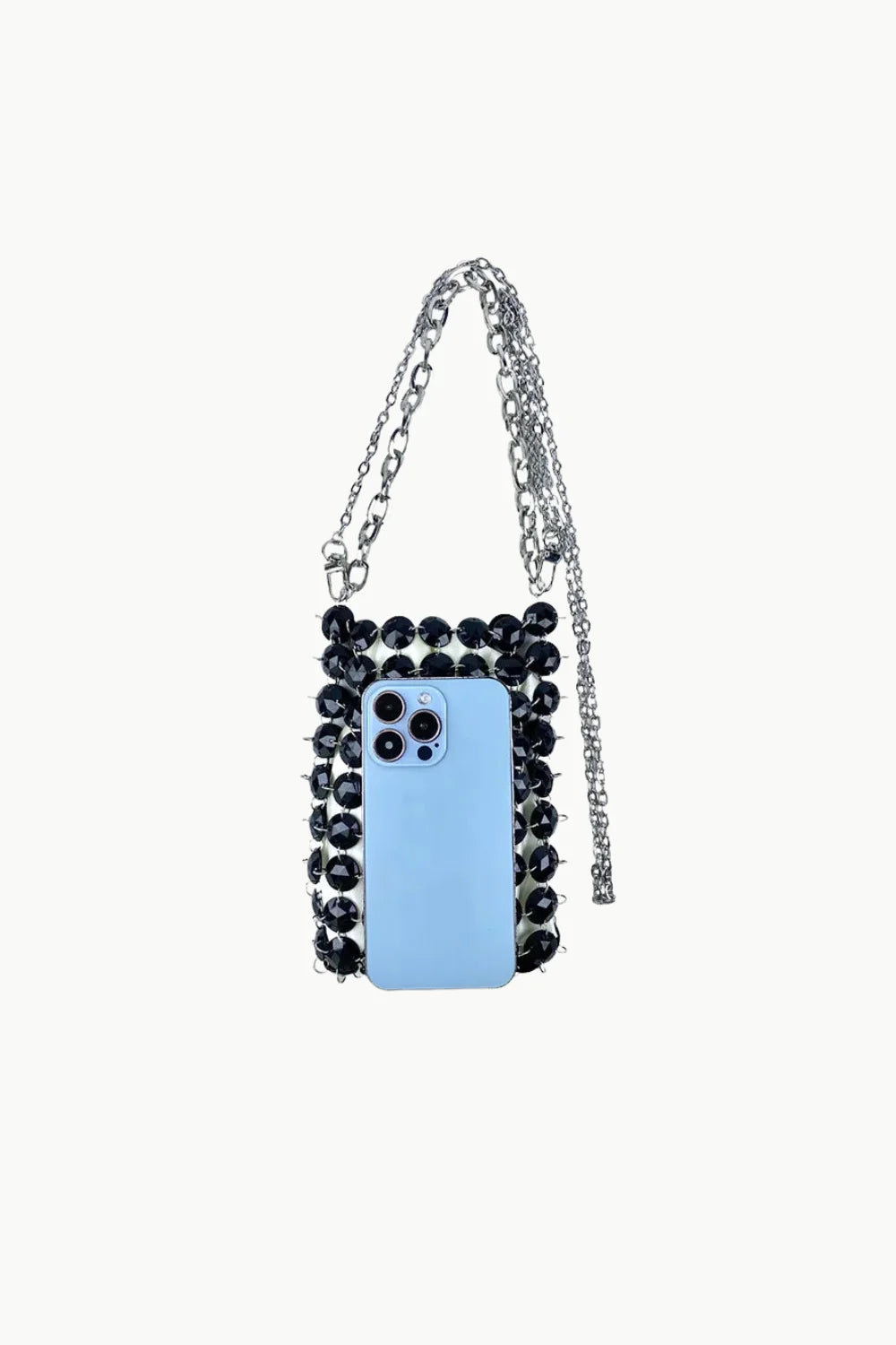 Black crystal beaded bag with silver chain strap, stylish beaded bag accessory