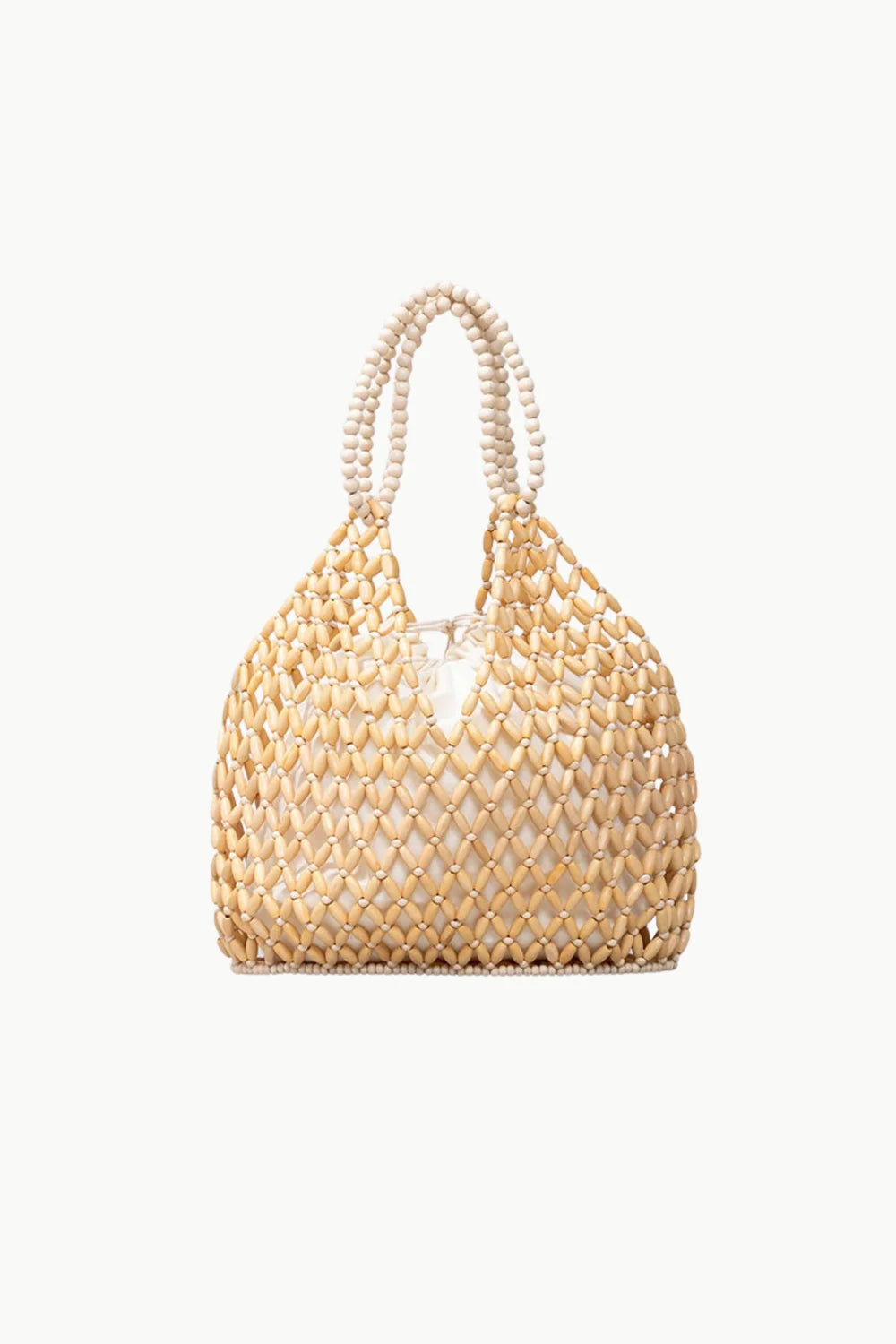 Beige straw tote bag with black wooden beaded handles, stylish beaded bag accessory