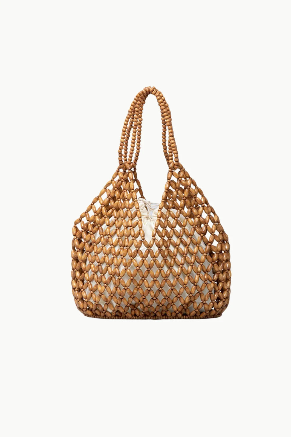 Brown wooden beaded tote bag with white fabric lining, stylish black wooden beaded accessory