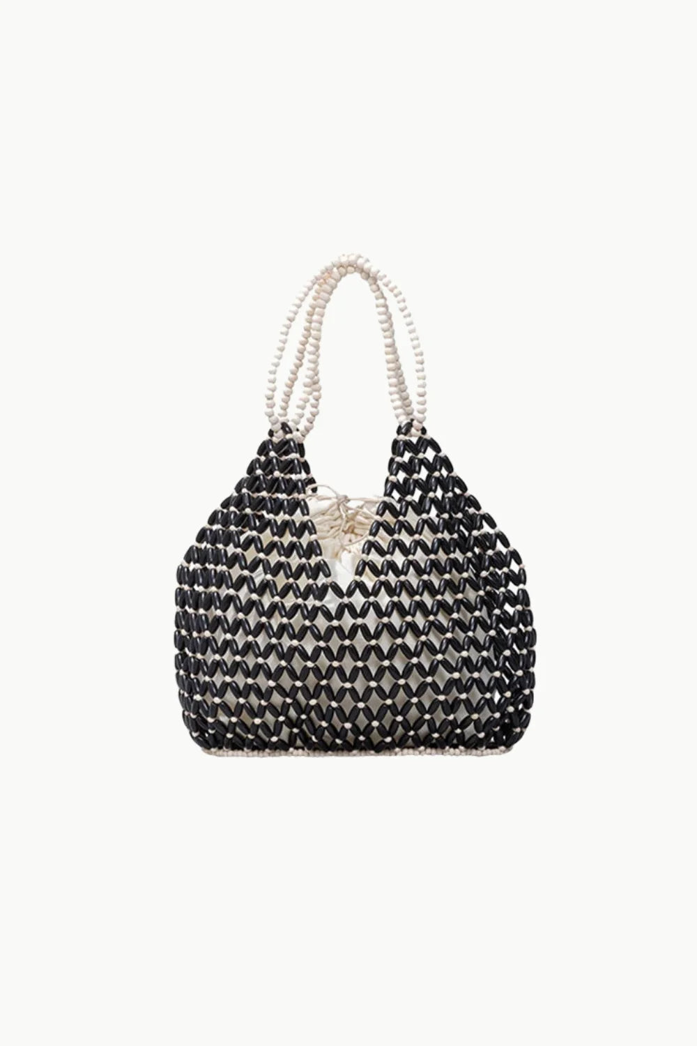 Black Wooden Beaded Bag with Silver Beaded Handles, stylish beaded bag accessory