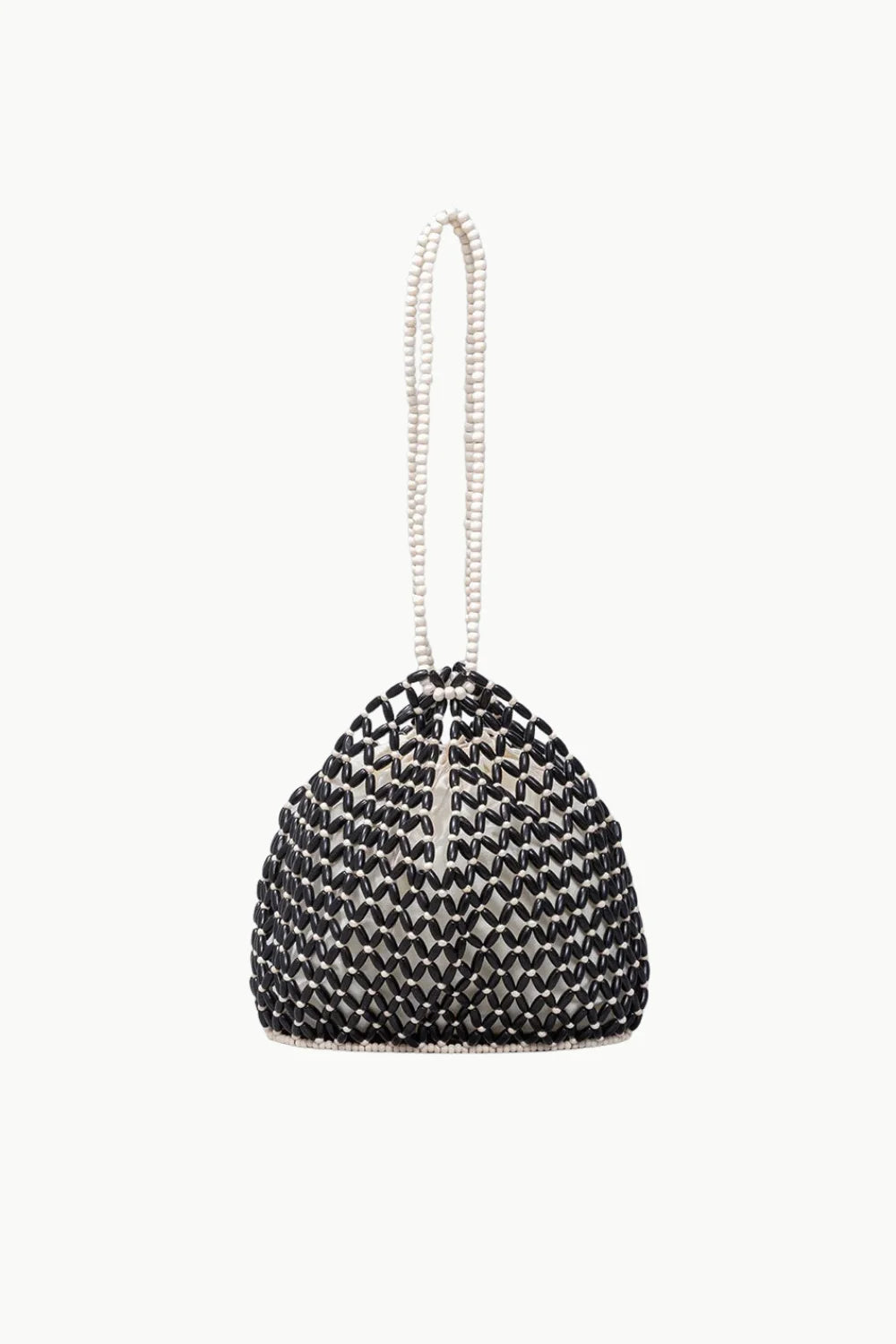 Black wooden beaded bag with rhinestone wrist strap and drawstring closure