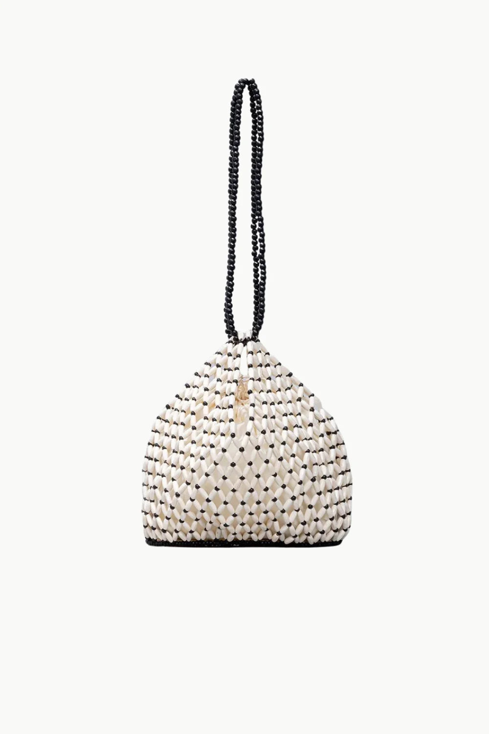 White beaded handbag with black wooden beaded handle for stylish black wooden beaded bag look