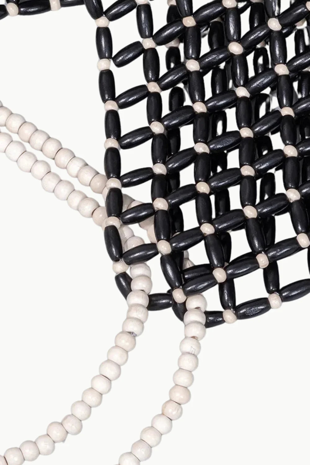 Black Wooden Beaded Bag with structured woven pattern, stylish black beaded accessory