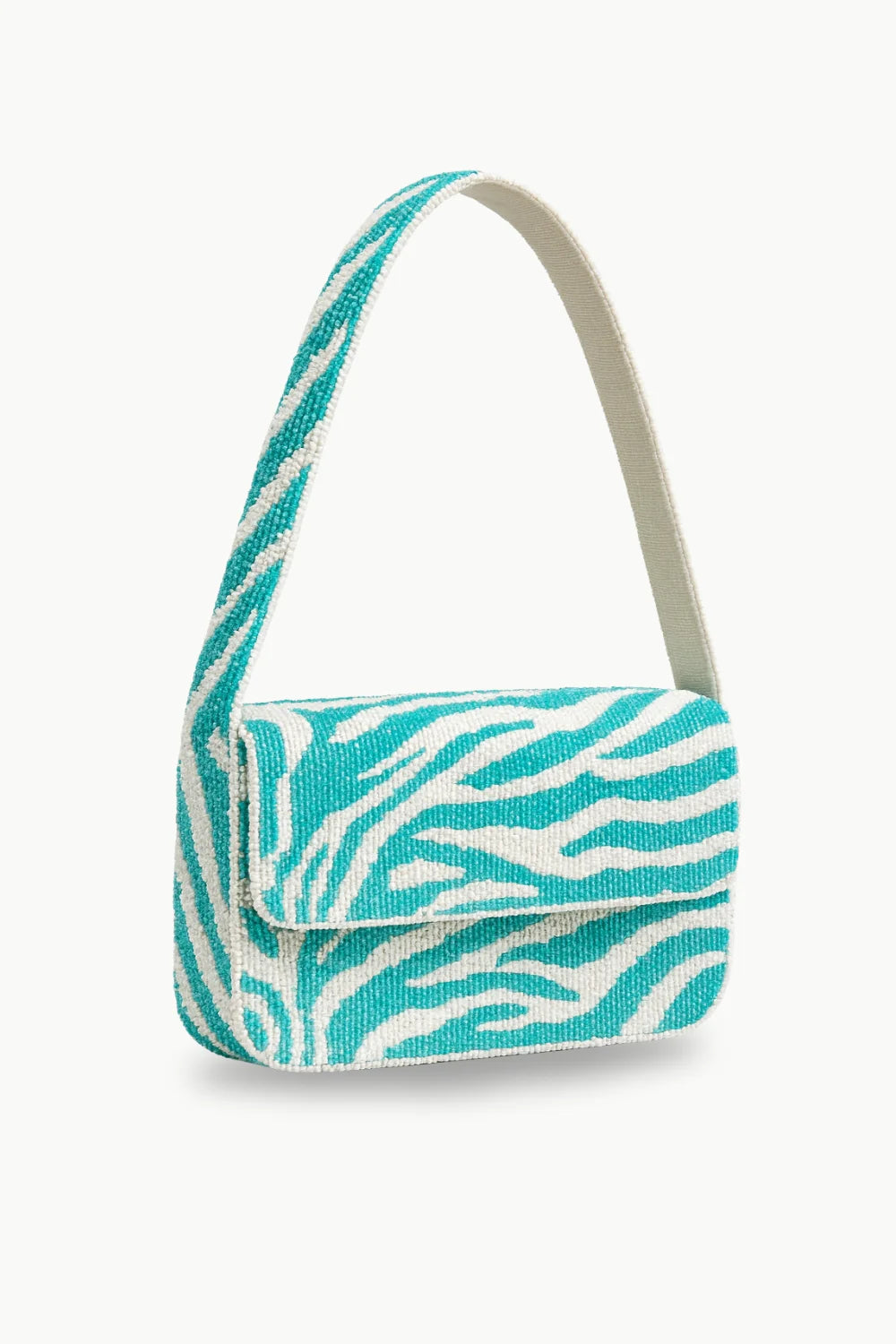 Beaded turquoise and white zebra print shoulder bag with white beaded strap