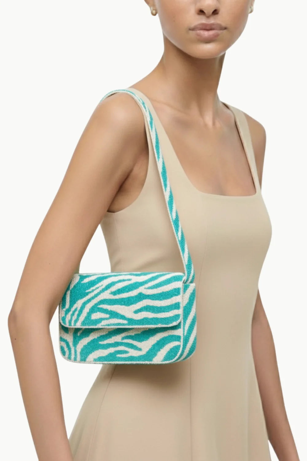 Blue and White Beaded Bag with vibrant teal and white zebra print shoulder bag