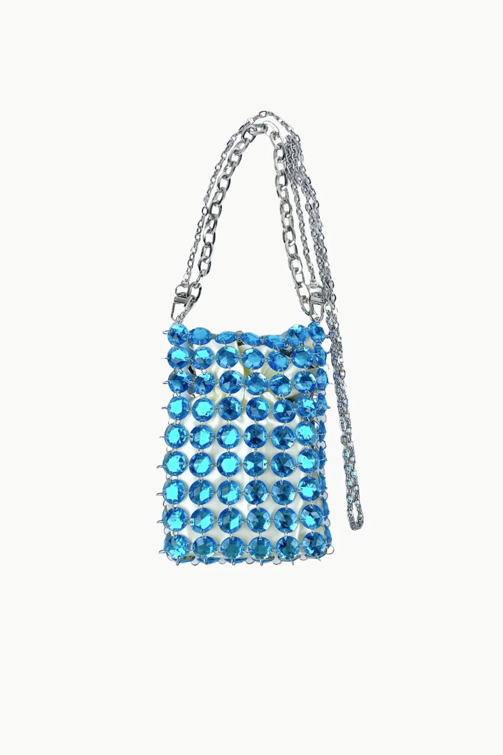 Blue Beaded Crossbody Bag with Rhinestones and Silver Chain Straps