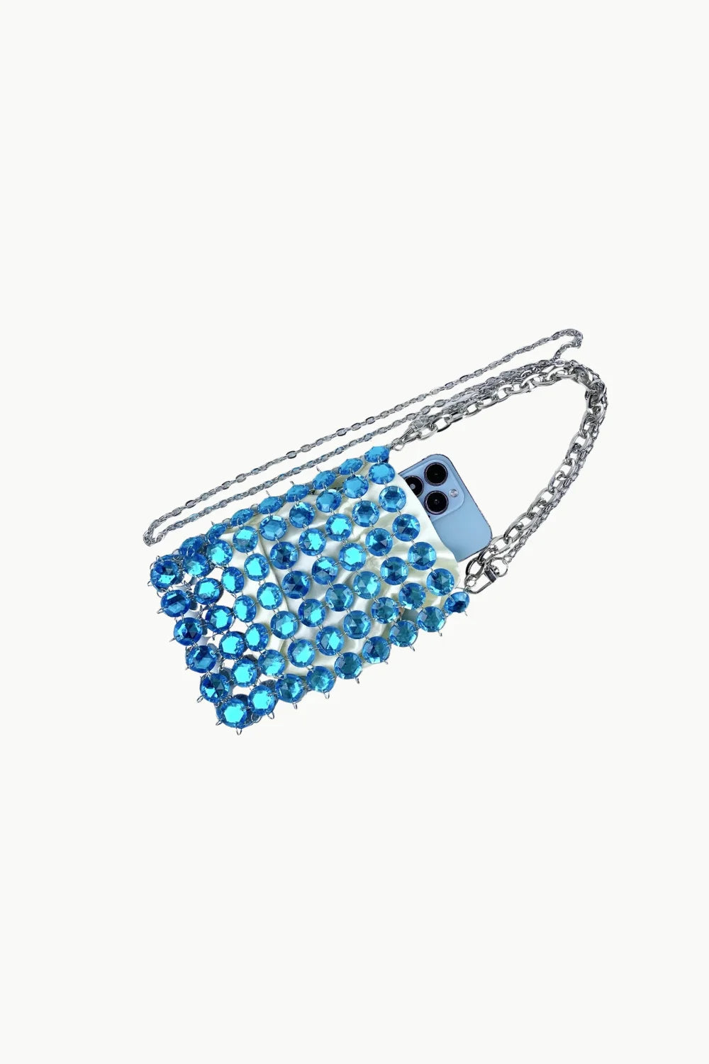 Blue beaded crossbody phone bag with rhinestones and silver chain strap