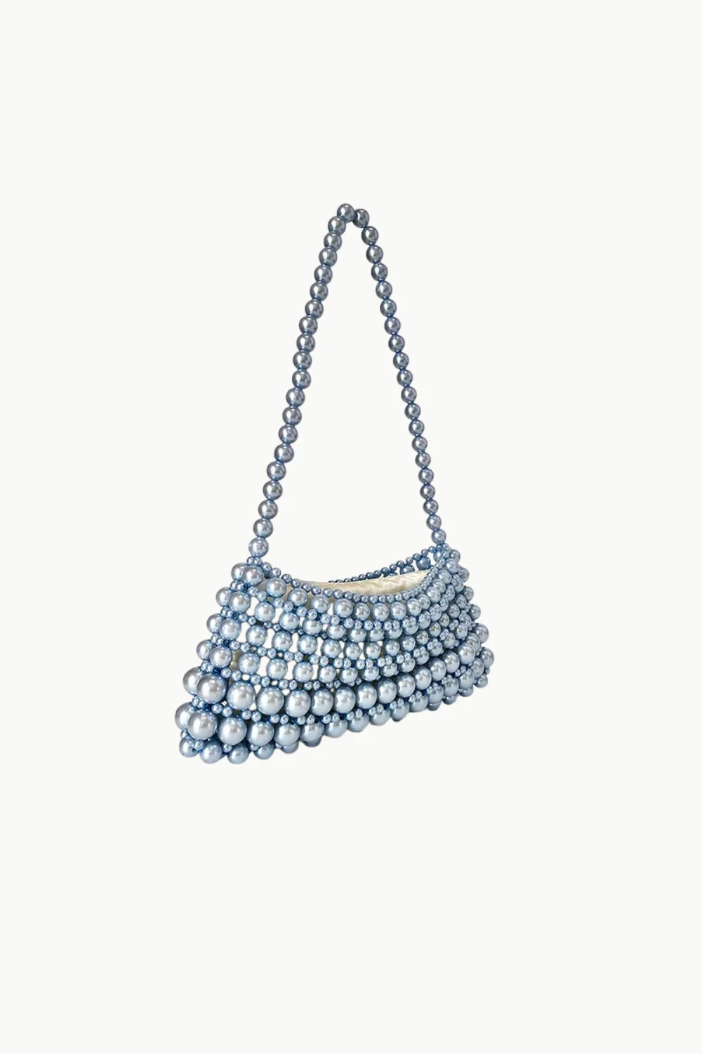 Light blue beaded evening bag with curved triangular shape for stylish occasions
