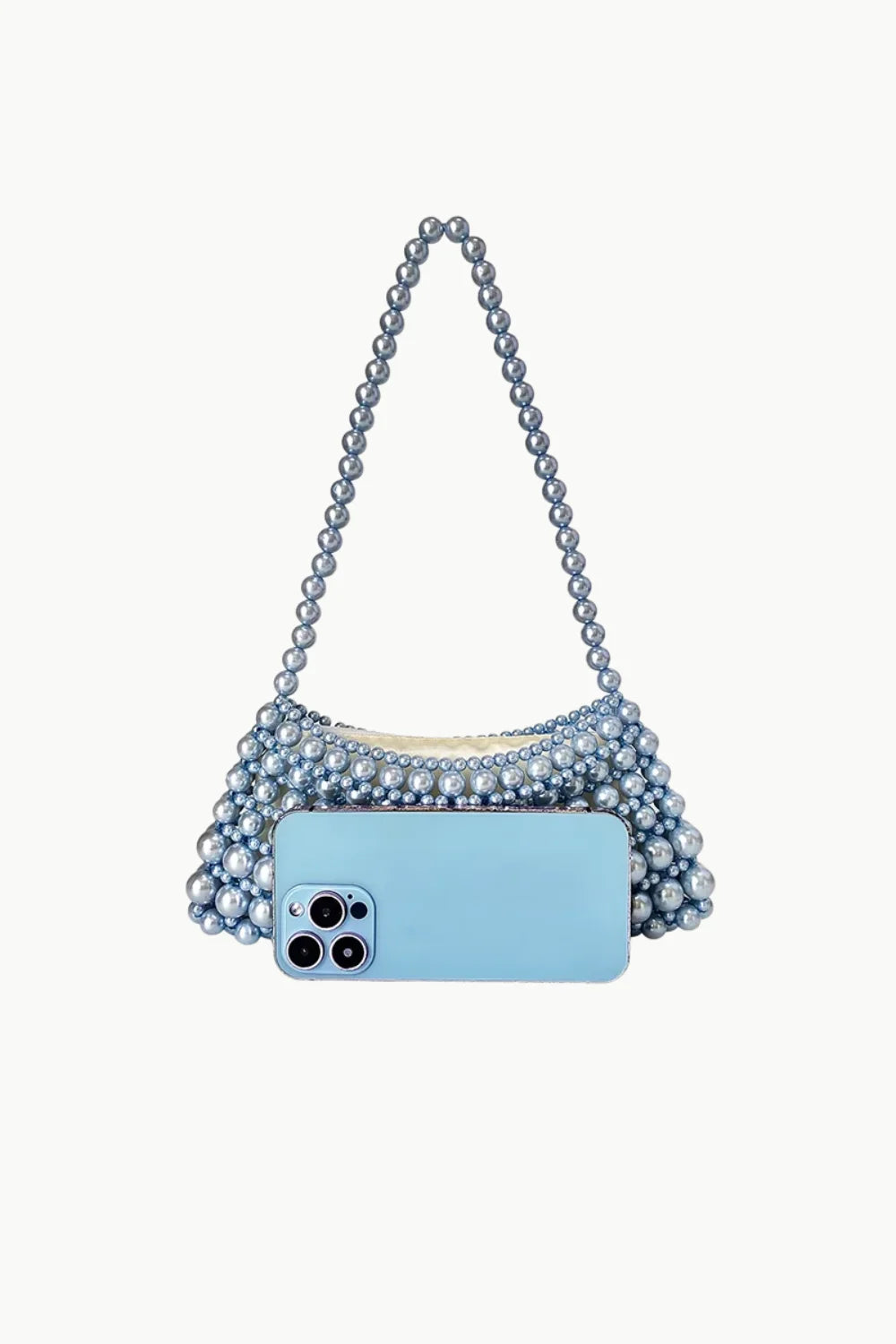 Blue beaded evening bag with pearl strap, stylish beaded evening shoulder bag