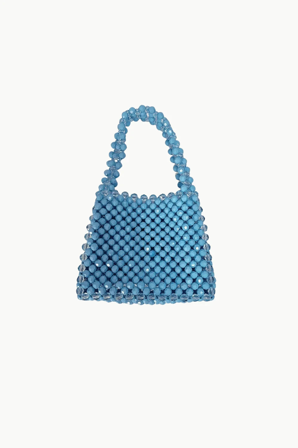 Light blue beaded handbag with top handle, stylish blue beaded handbag accessory