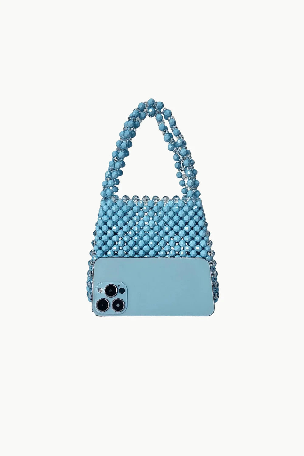 Blue beaded handbag with matching smartphone, stylish blue beaded handbag for women