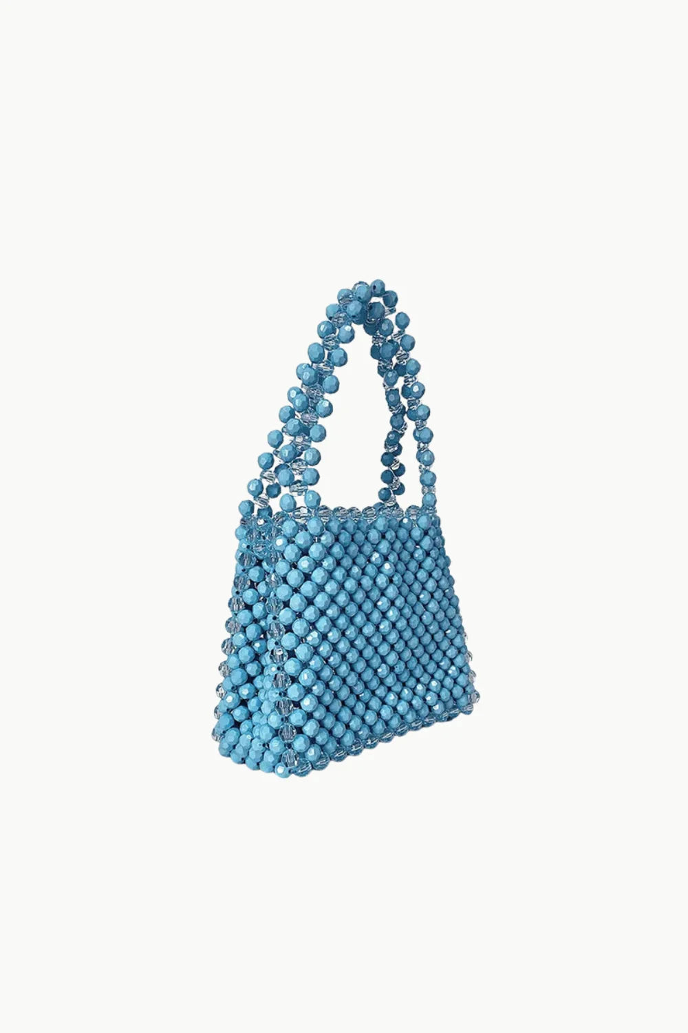 Light blue beaded handbag with two top handles, stylish blue beaded handbag for women