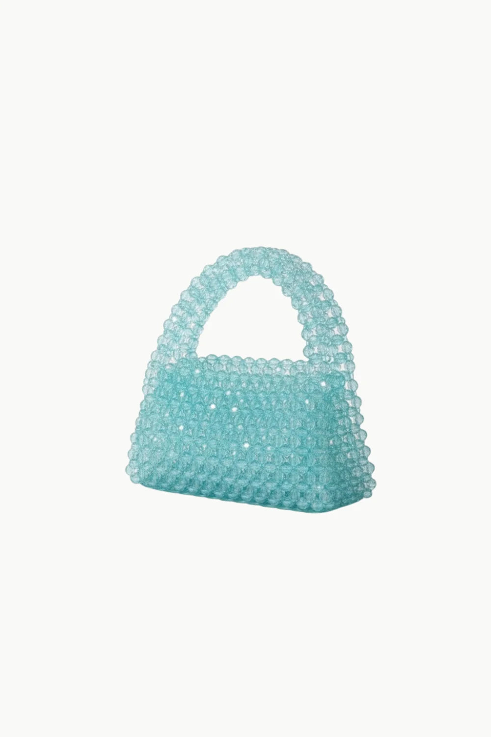 Light blue beaded purse with rounded top handle, stylish blue beaded handbag