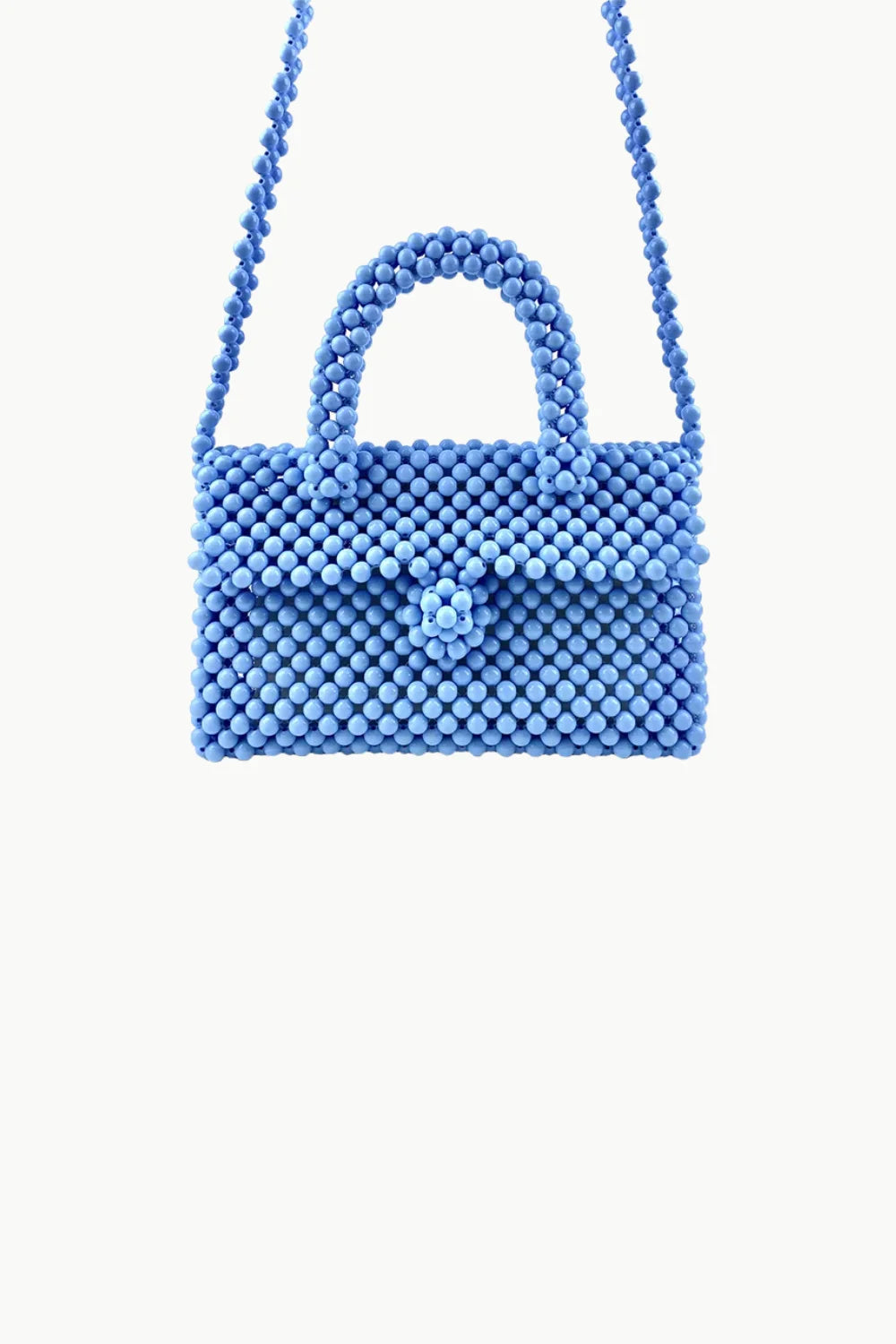 Light blue beaded shoulder bag with top handle and shoulder strap for stylish look