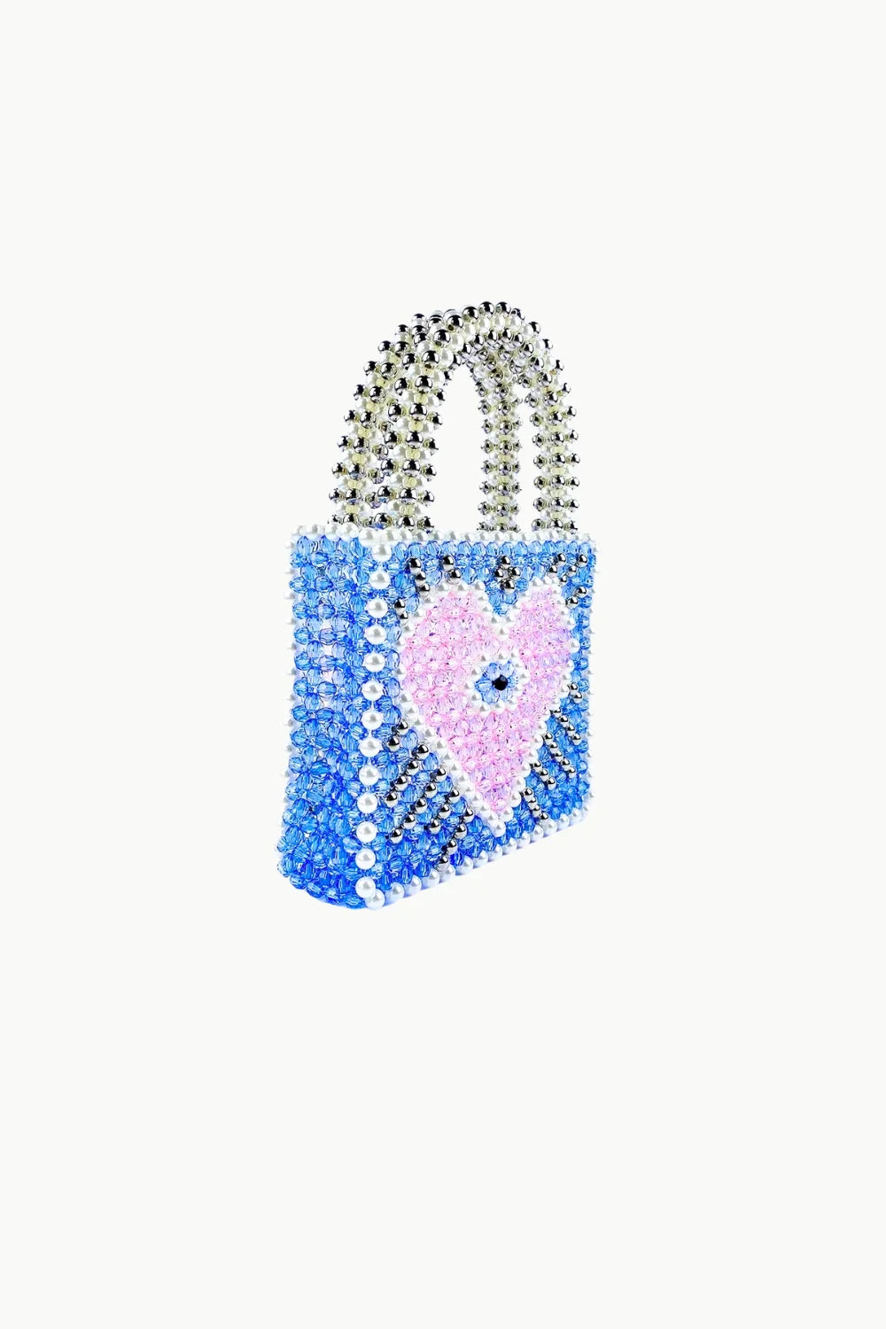 Blue small beaded bag with pink heart and blue eye design, silver handles