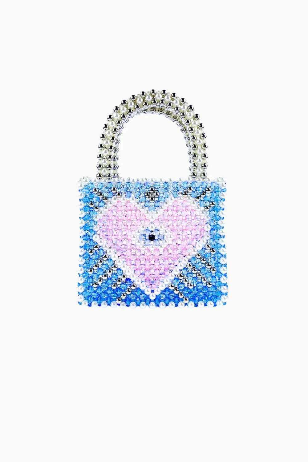 Blue small beaded bag with pink beads and heart design, perfect for stylish accessories