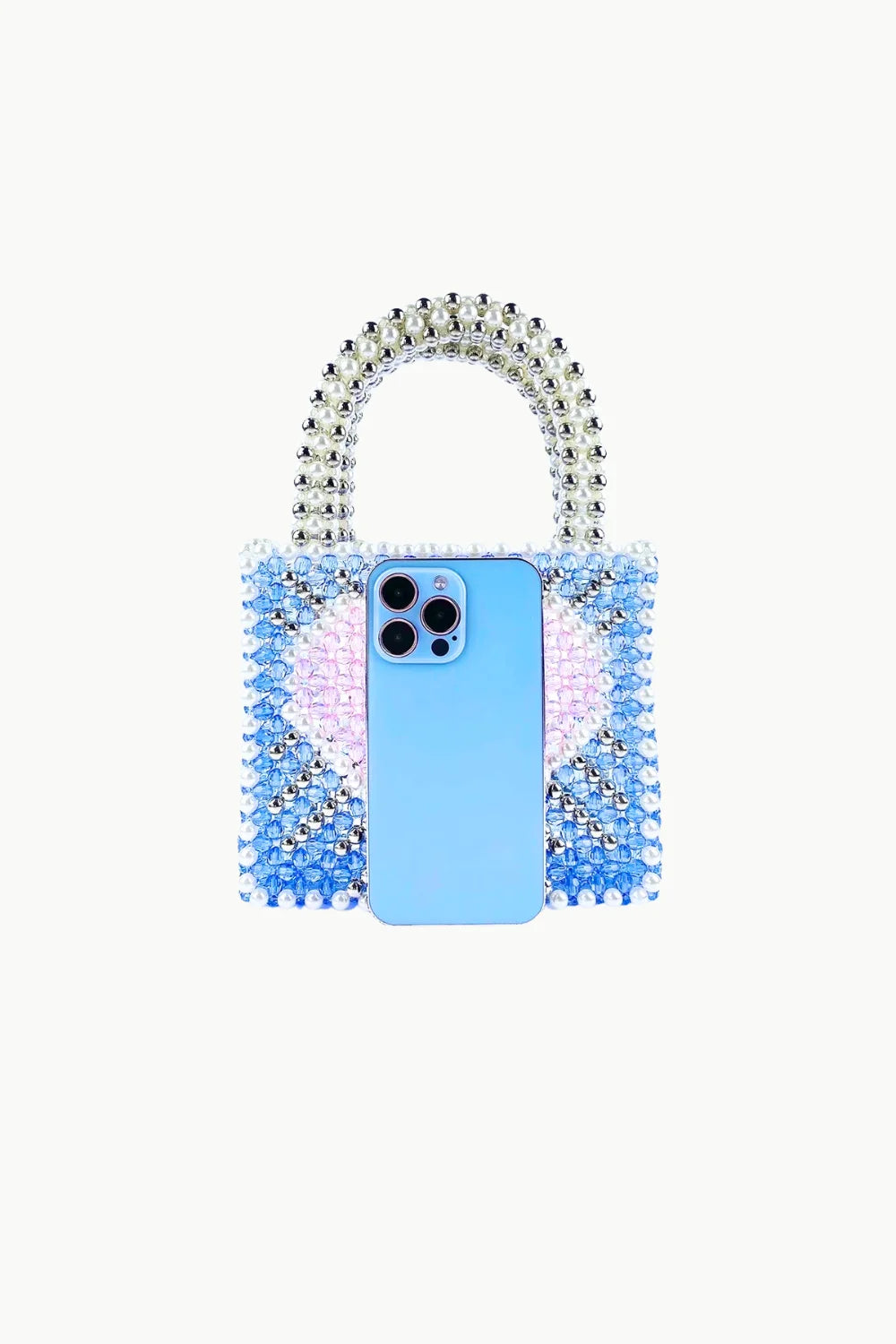 Blue small beaded bag with pearl-embellished top handle and blue beaded design