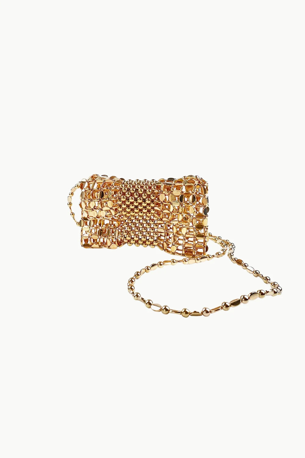 Bronze Beaded Bag with rectangular gold-toned beads and a long chain strap