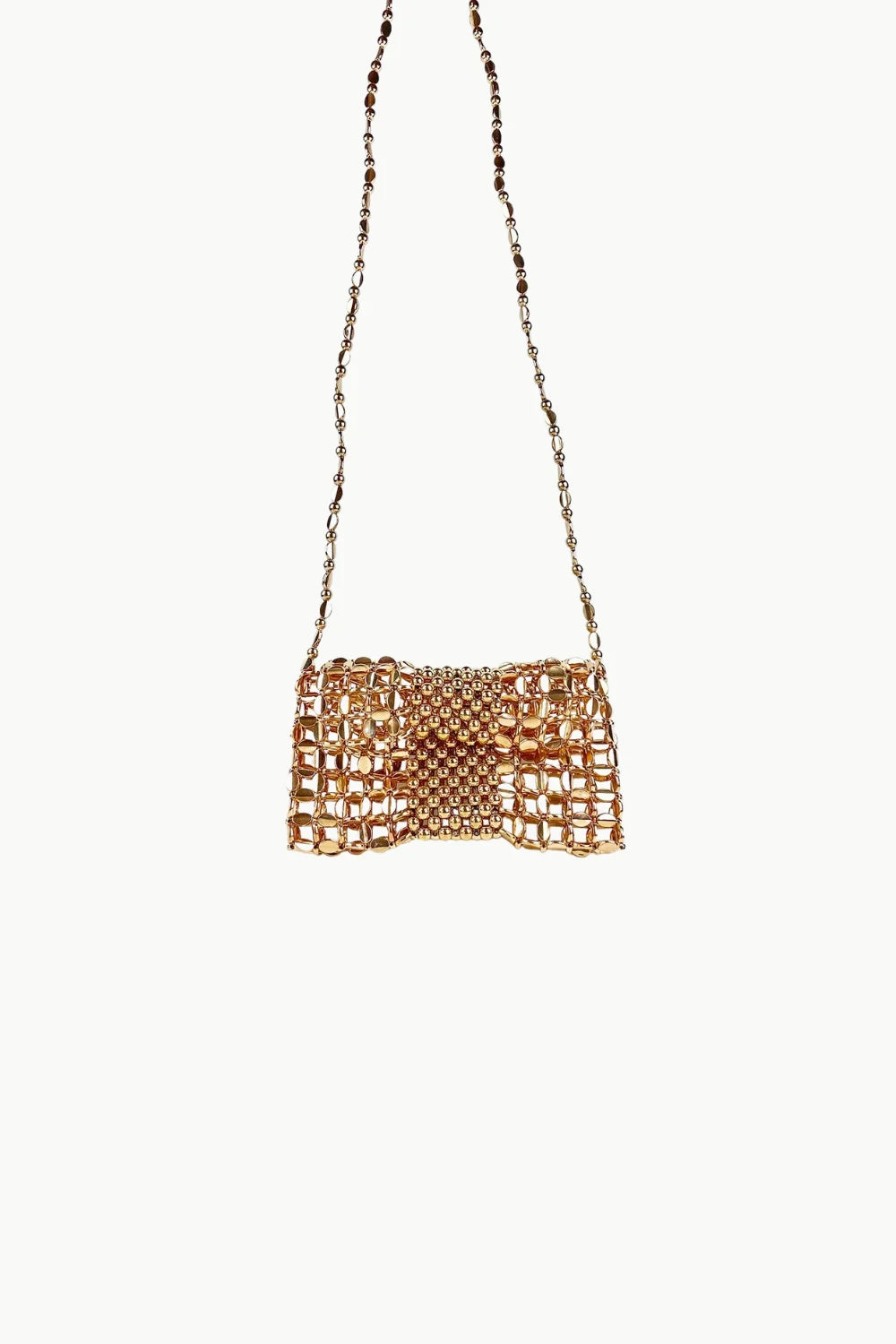 Shimmering bronze beaded bag with long chain strap, perfect for elegant occasions