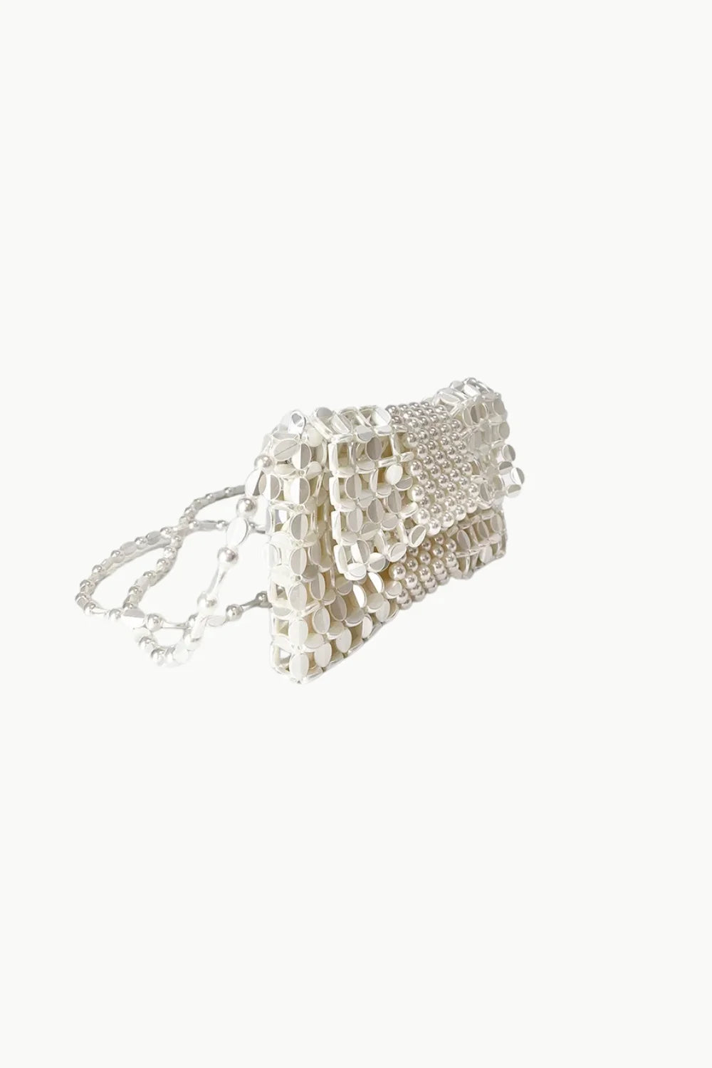 Silver beaded clutch bag with chain strap, perfect as a bronze beaded bag accessory