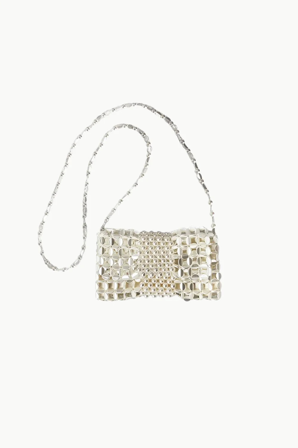 Shimmering silver beaded clutch with chain strap, perfect as a bronze beaded bag accessory