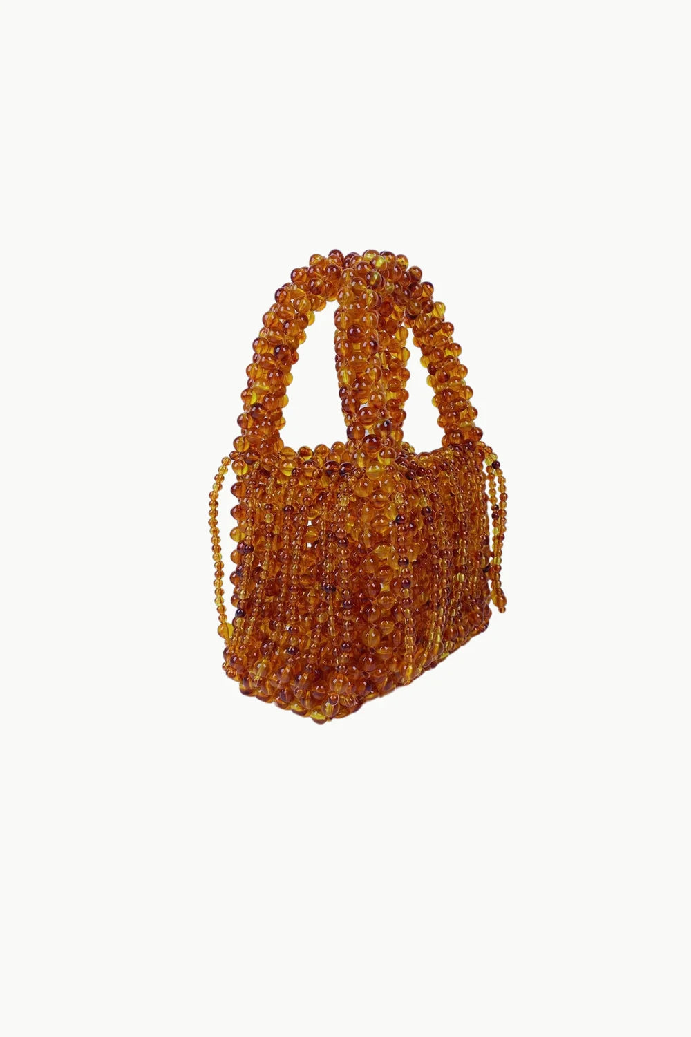 Amber-colored beaded handbag with two top handles and drawstring closure for Brown Beaded Bag