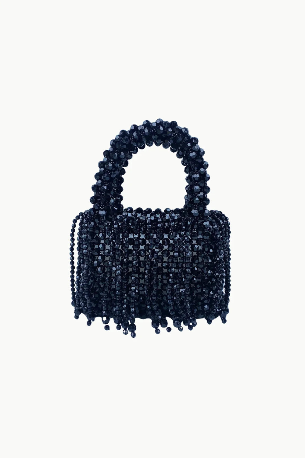 Brown beaded bag with fringe detailing and rounded top handle for stylish accessorizing