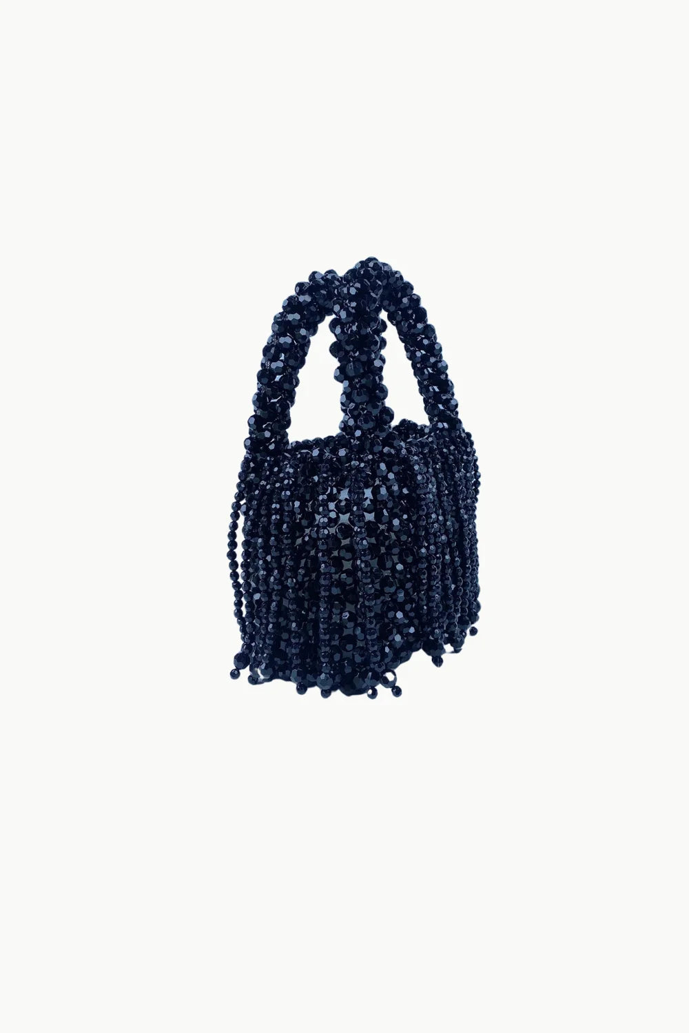 Dark blue beaded handbag with top handles and fringe detailing, perfect as a brown beaded bag