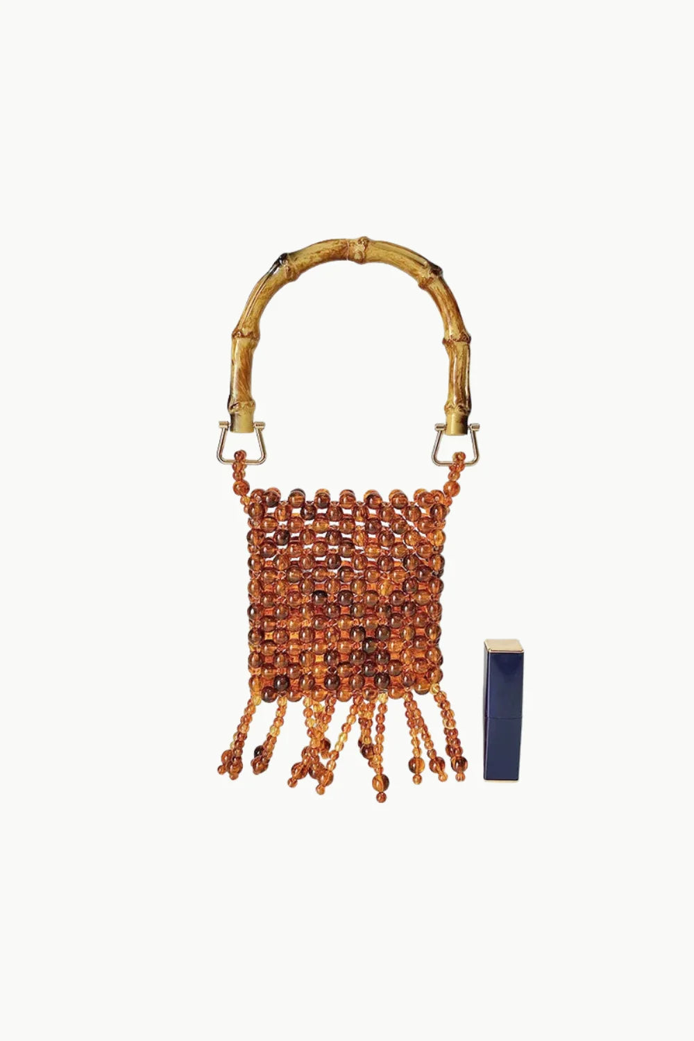 Brown beaded bucket bag with bamboo handle, stylish small beaded bucket bag accessory