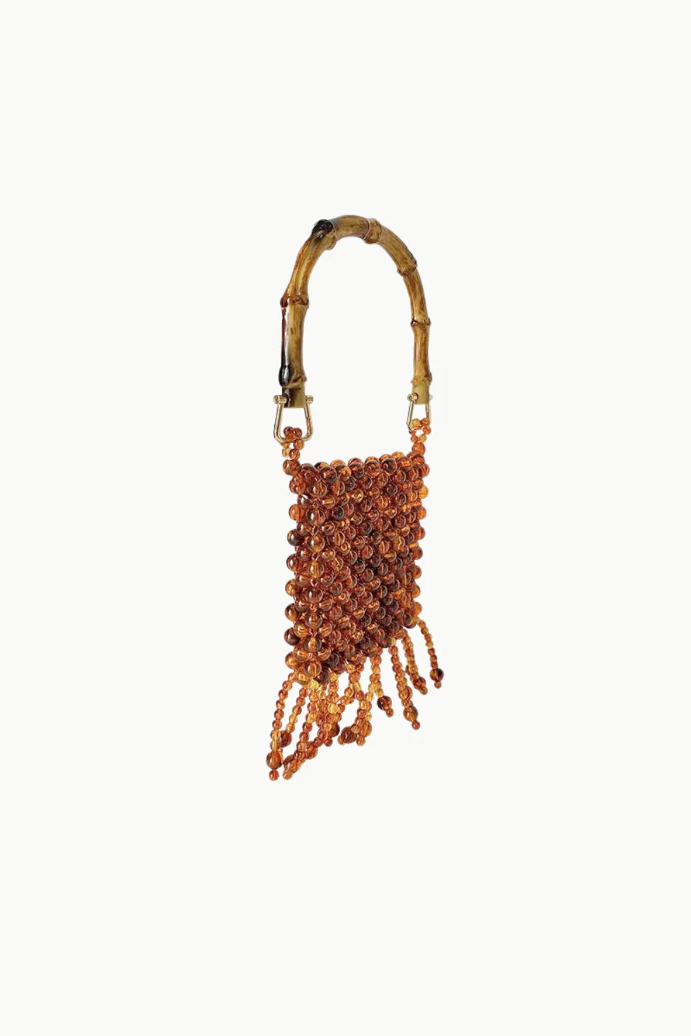 Brown Beaded Bucket Bag with bamboo handle, stylish beaded bucket bag accessory