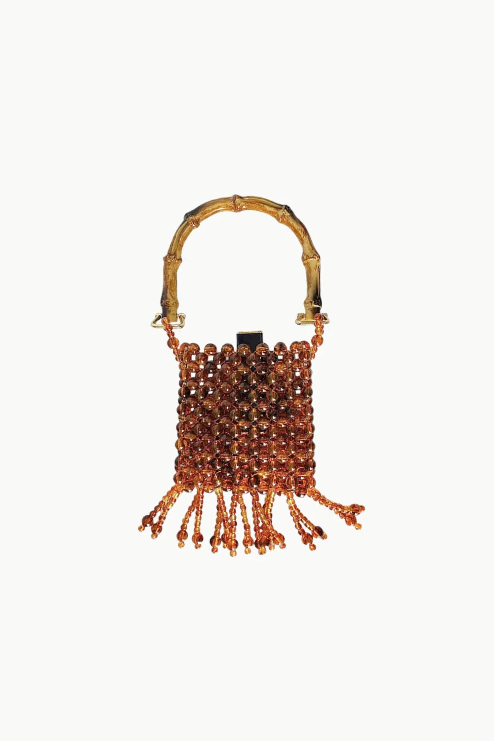Brown Beaded Bucket Bag with bamboo handle, stylish beaded bucket bag accessory