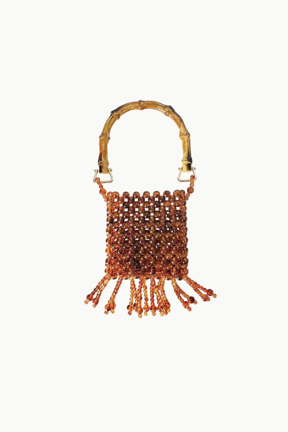 Orange beaded bucket bag with bamboo handle and fringe, perfect as a brown beaded bucket accessory