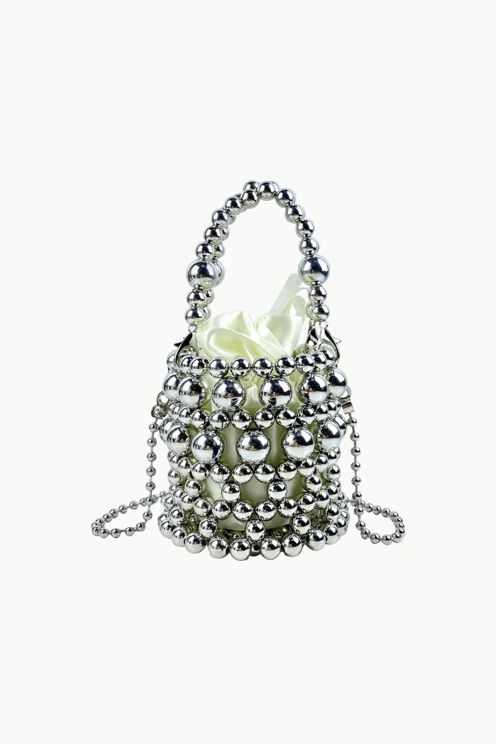 Silver beaded bucket bag with white satin lining for everyday style