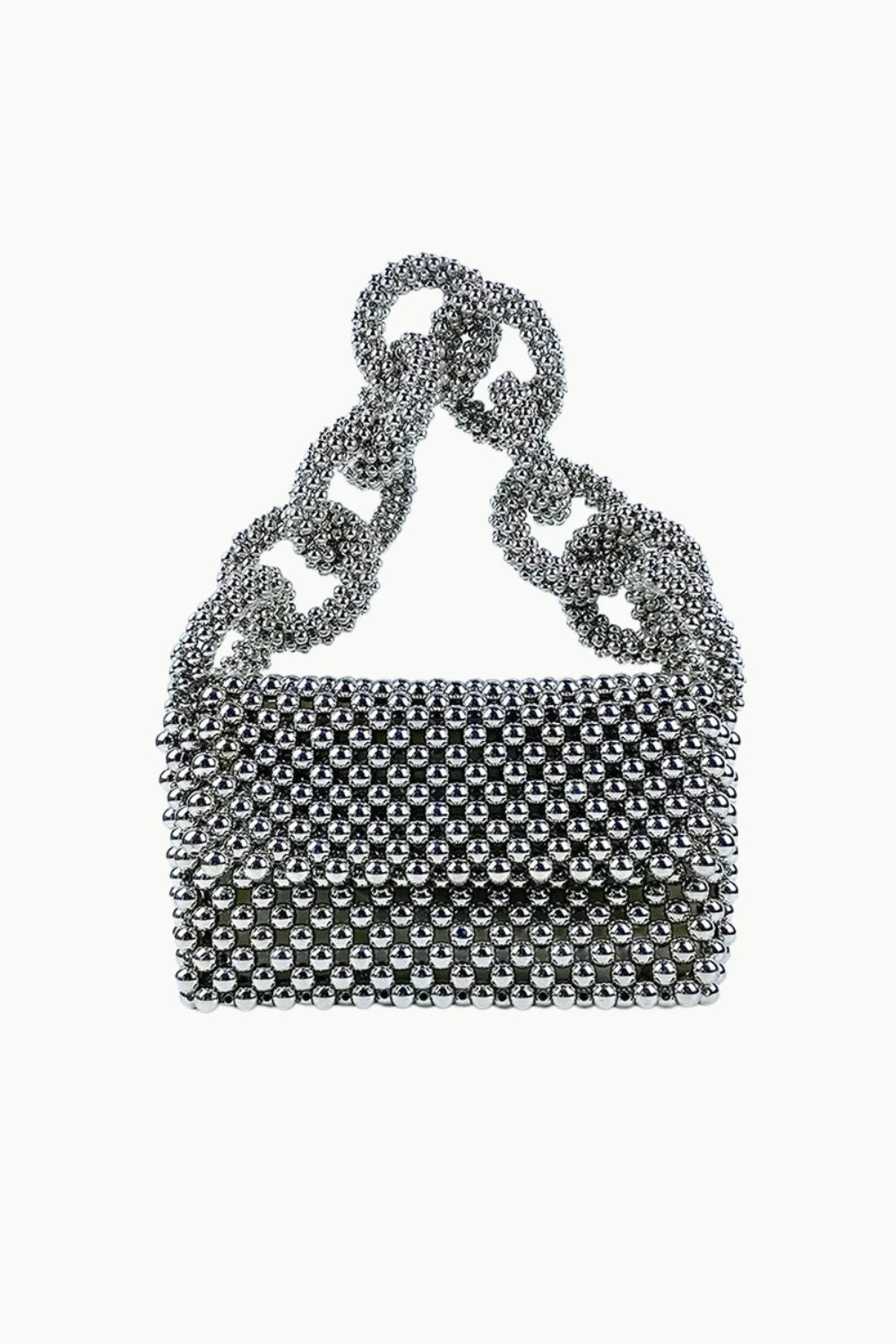 Beaded silver handbag with a thick chain strap for stylish accessory ensembles