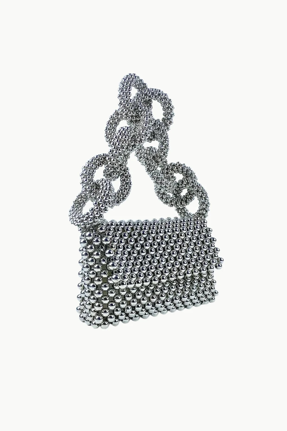 Shimmering silver Chain Strap Beaded Handbag with a beaded body and thick chain strap