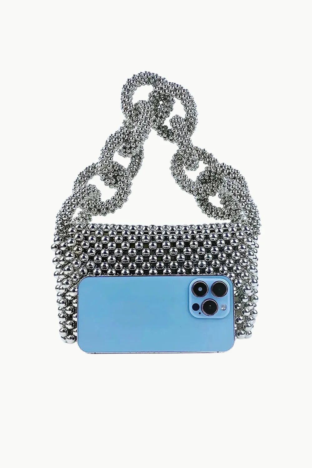 Silver beaded handbag with chain strap beaded and chunky chain handle for stylish look