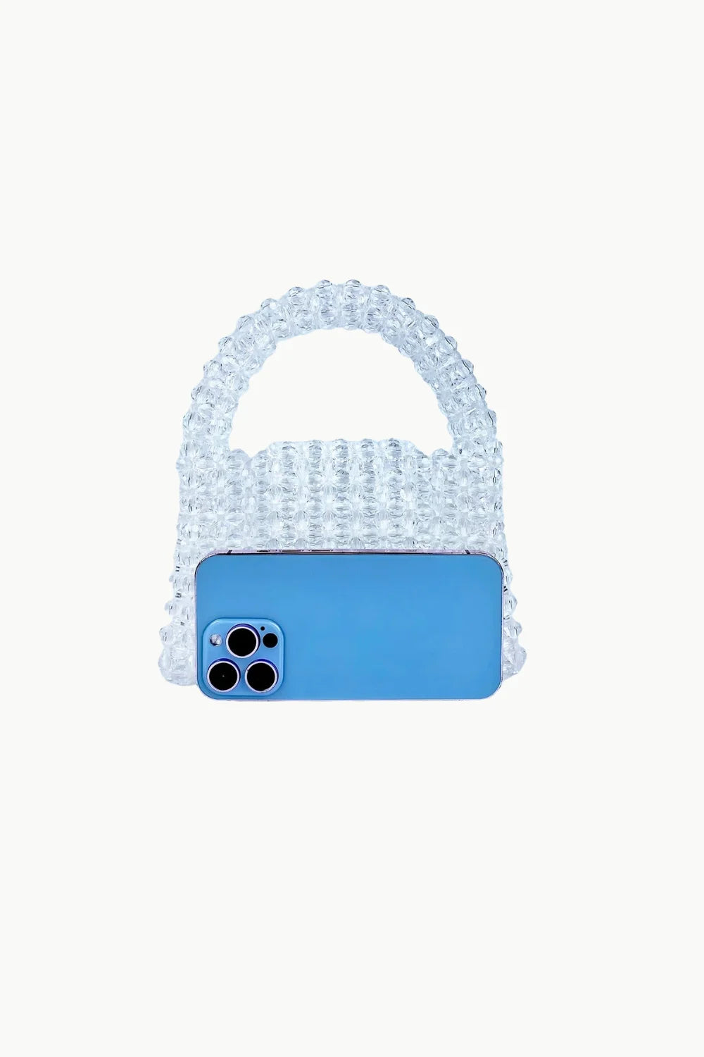 Clear beaded bag with blue smartphone inside, stylish clear beaded bag accessory