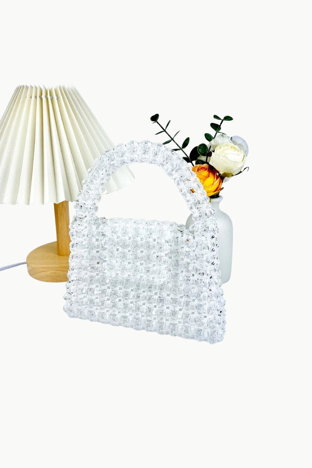 Clear beaded bag with top handle, stylish clear beaded bag for elegant occasions