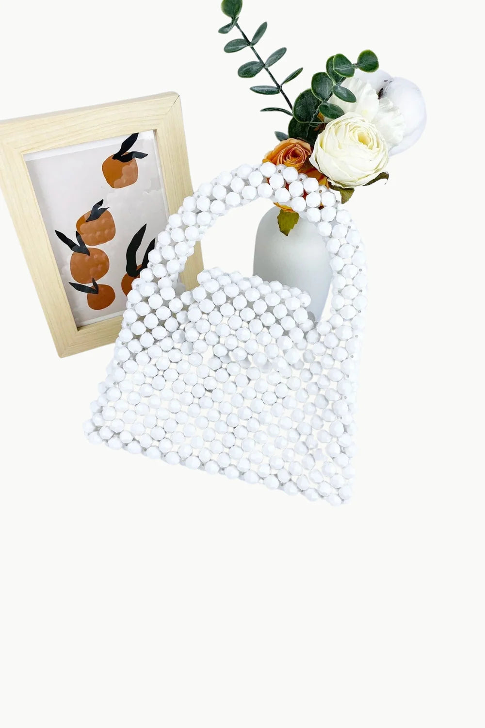 White beaded handbag with handle, stylish clear beaded bag accessory