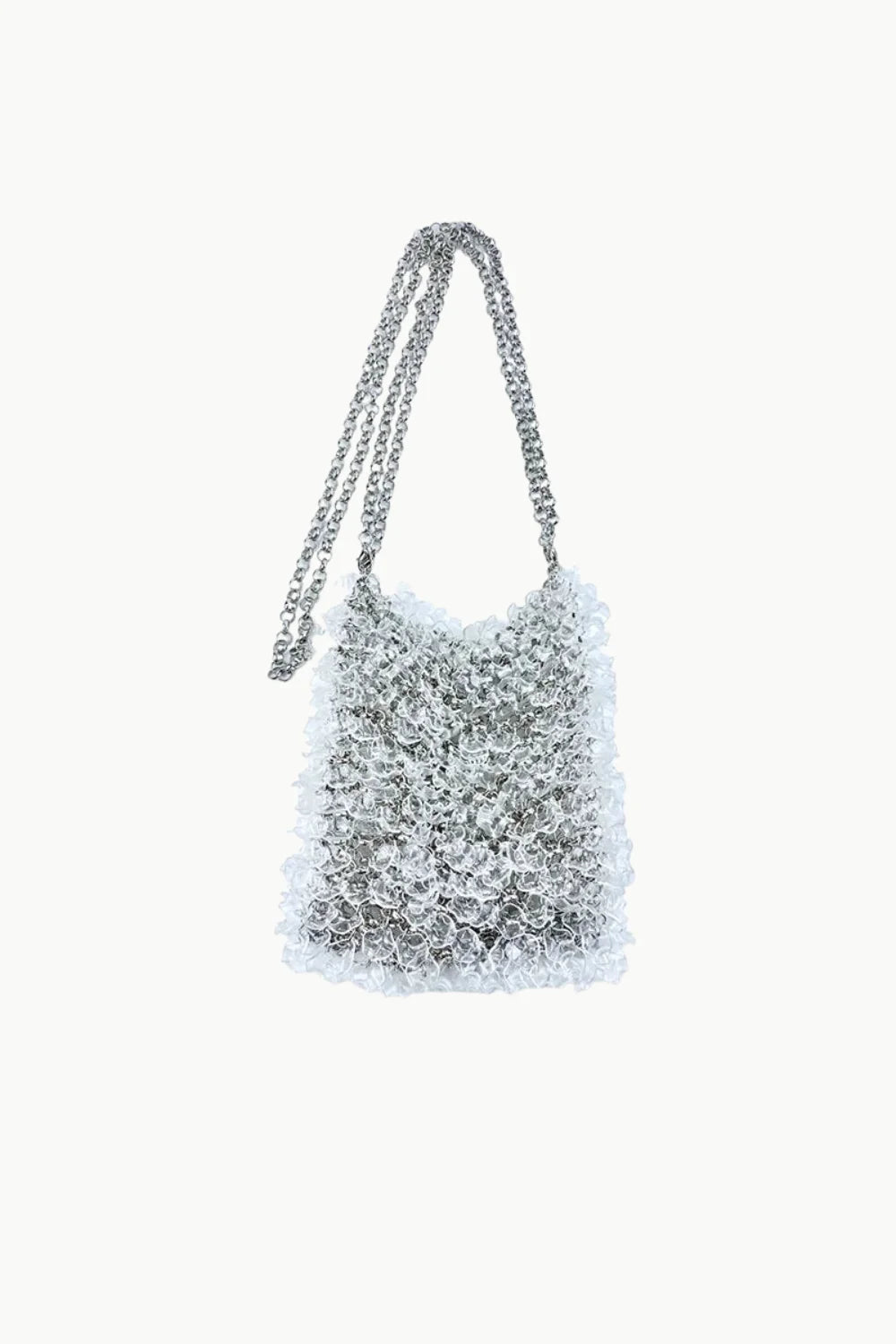 Shimmering silver beaded crossbody bag with metal chain strap, perfect beaded crossbody accessory