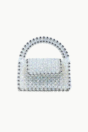 Clear beaded handbag with silver beaded handle, stylish clear beaded handbag accessory