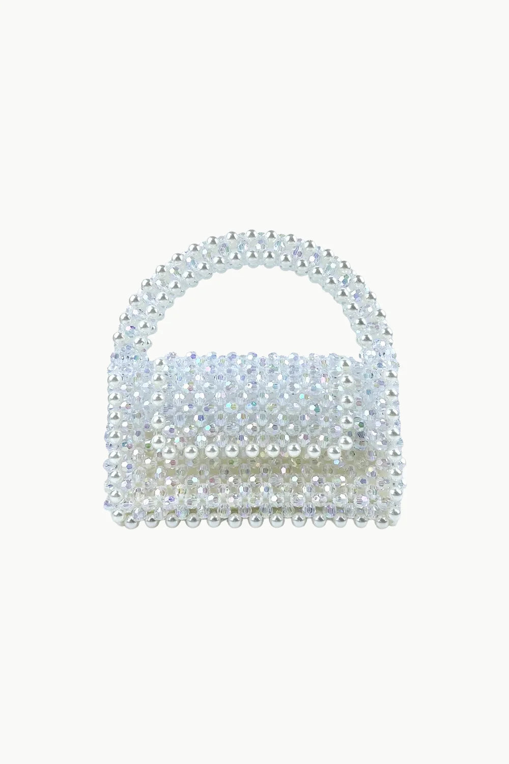 White beaded handbag with arched handle and flap closure, stylish clear beaded handbag