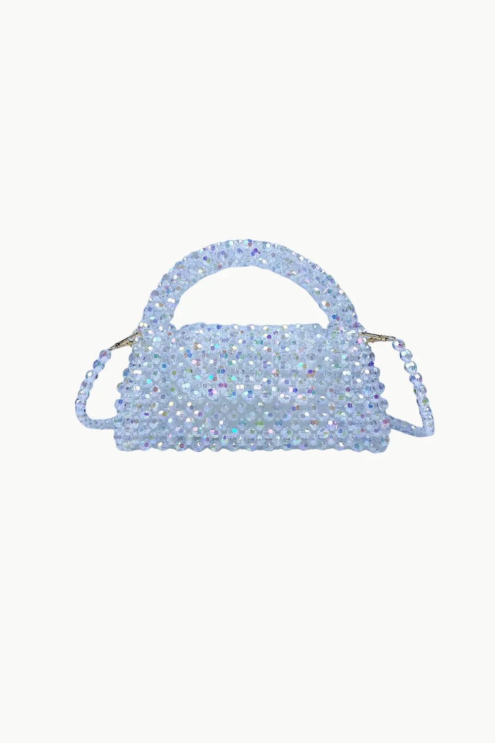Iridescent clear beaded purse with top handle and shoulder strap for elegance