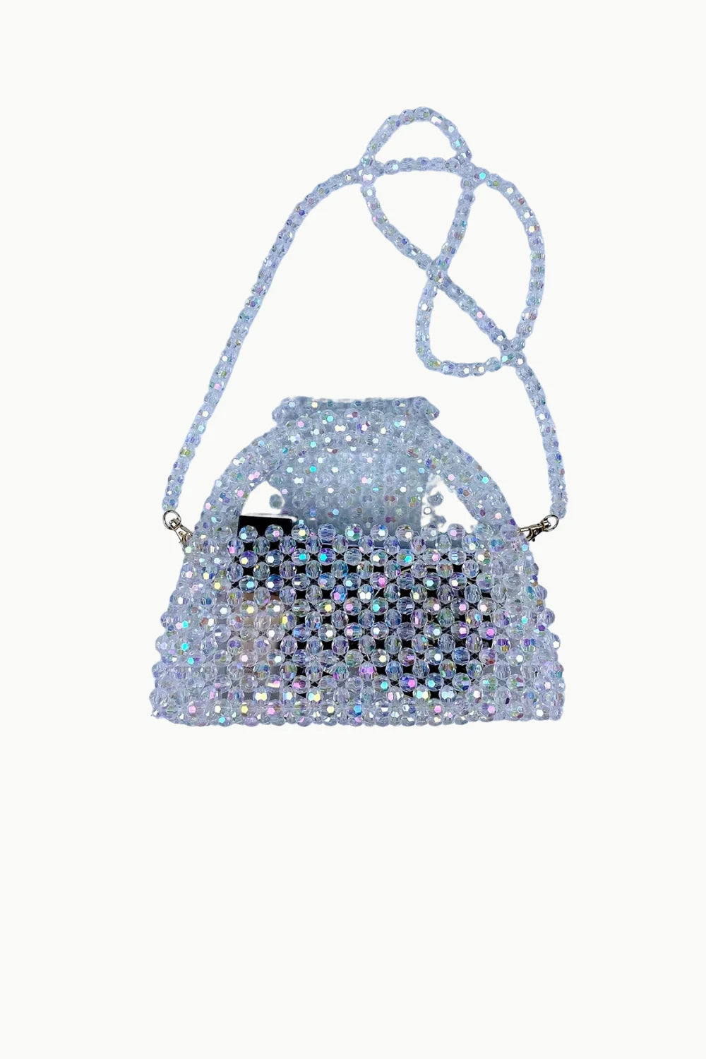 Shimmering light blue clear beaded purse with drawstring closure and long shoulder strap