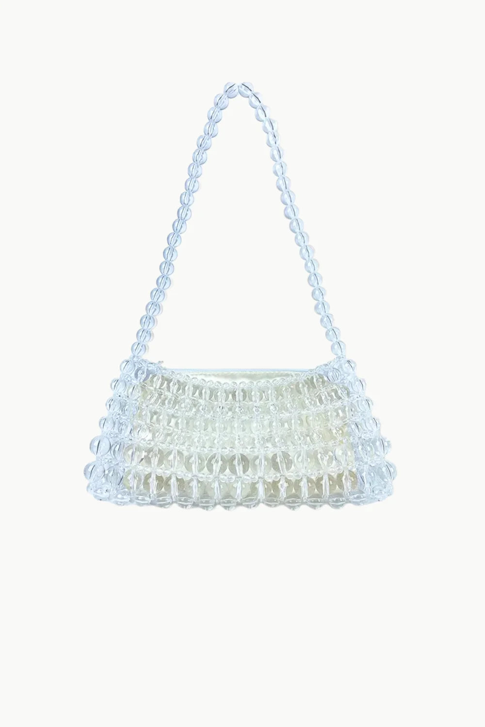Clear beaded shoulder bag with curved handle and ruffled body, stylish beaded shoulder bag