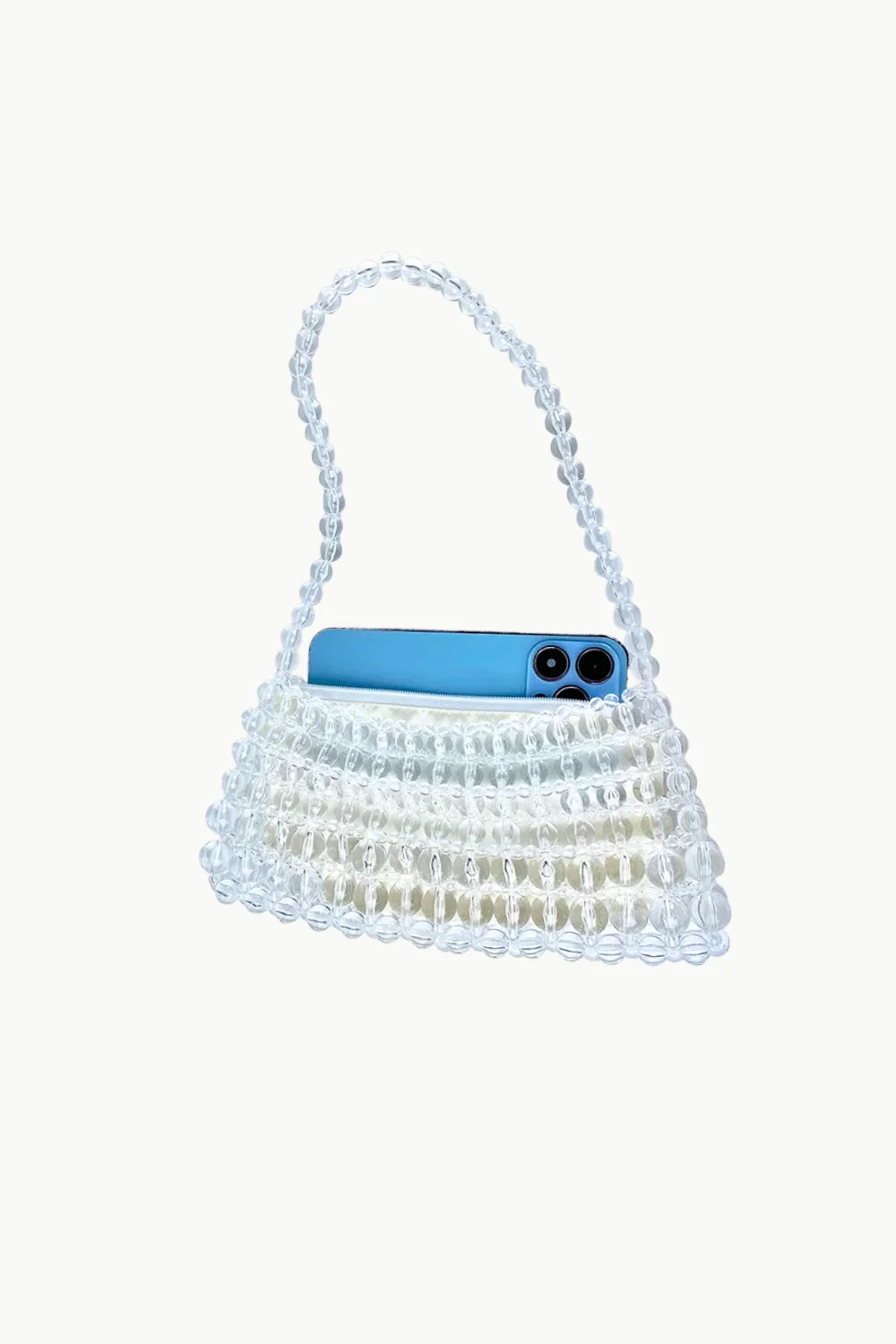 Small clear beaded shoulder bag with light blue smartphone inside for stylish accessories