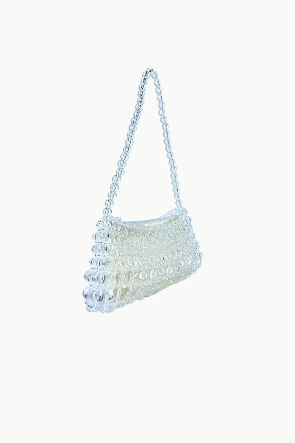 Transparent beaded shoulder bag with rounded rectangular body and matching beaded strap
