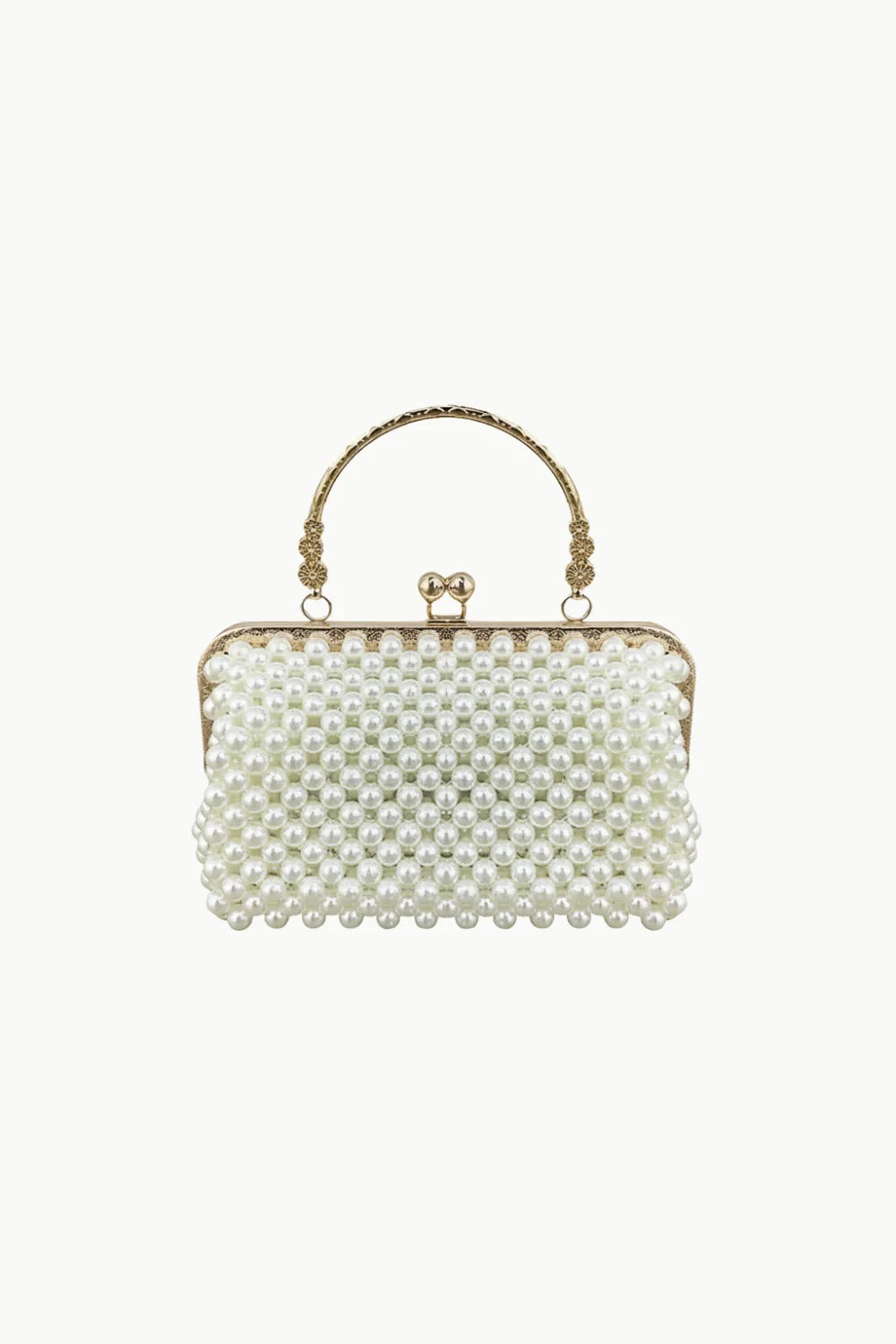 White pearl beaded clutch bag with gold metal frame and handle for elegant occasions